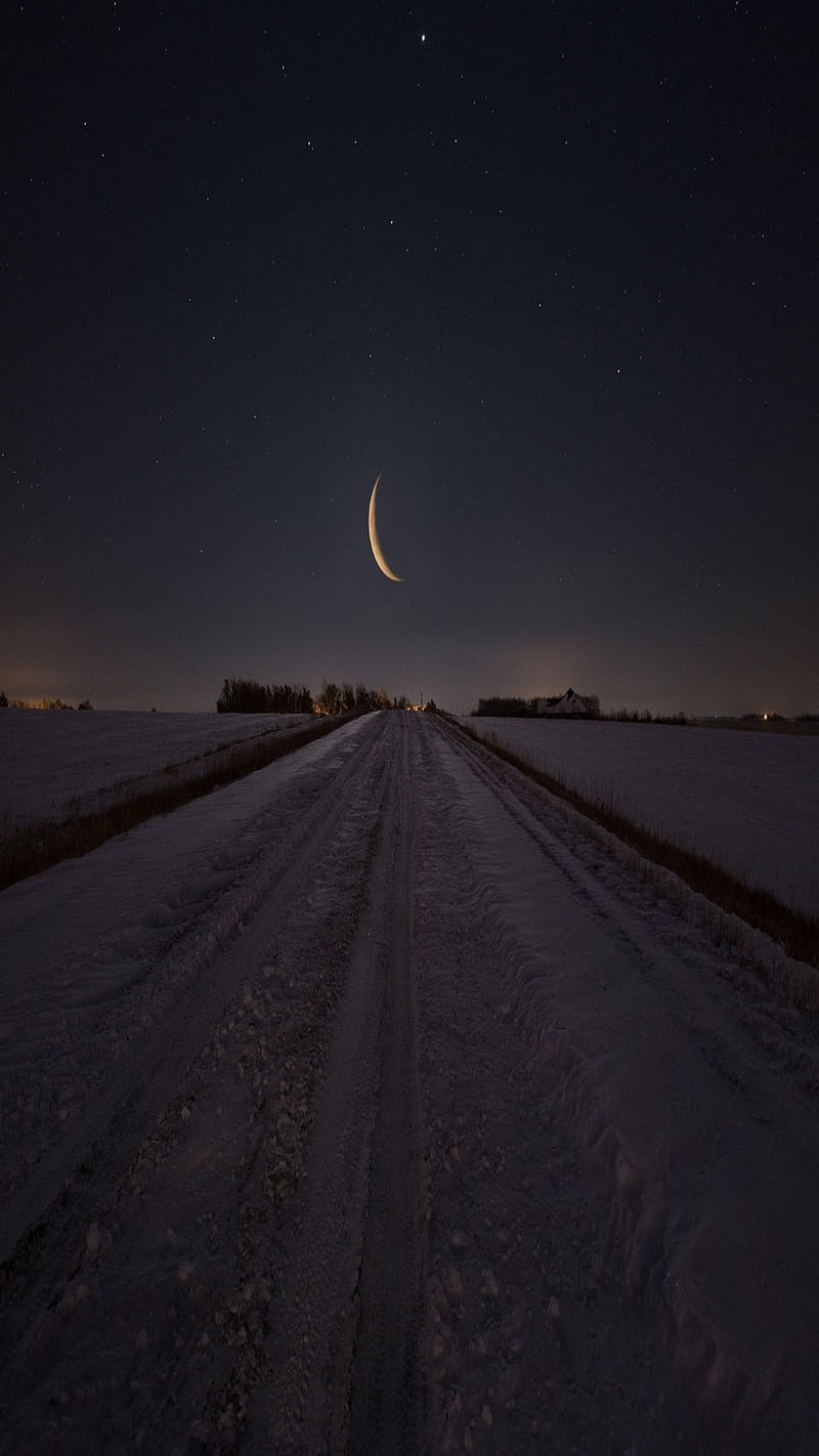 Moonlit Road, moon, road, snow, HD phone wallpaper