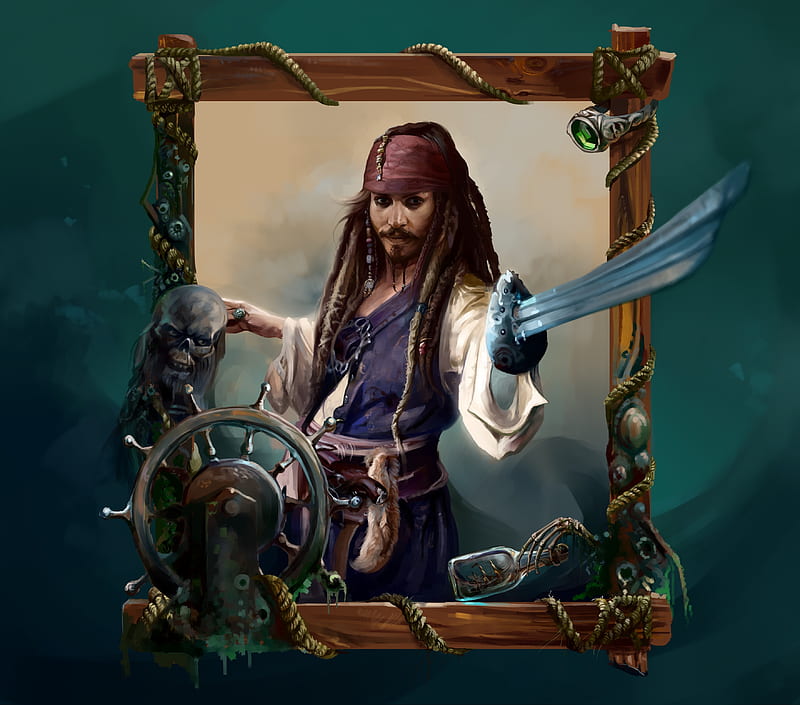 Captain Sparrow, art, man, fantasy, pirates of the caribbean, digital, skull, sword, Johnny Depp, HD wallpaper