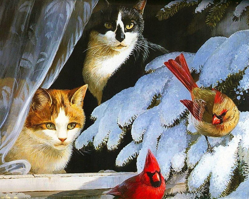 Inside and Outside, tree, window, snow, painting, birds, cats, artwork, winter, HD wallpaper