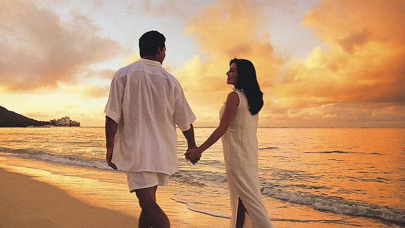 Couple Is Walking On Beach Sand Wearing White Dress Couple, HD wallpaper