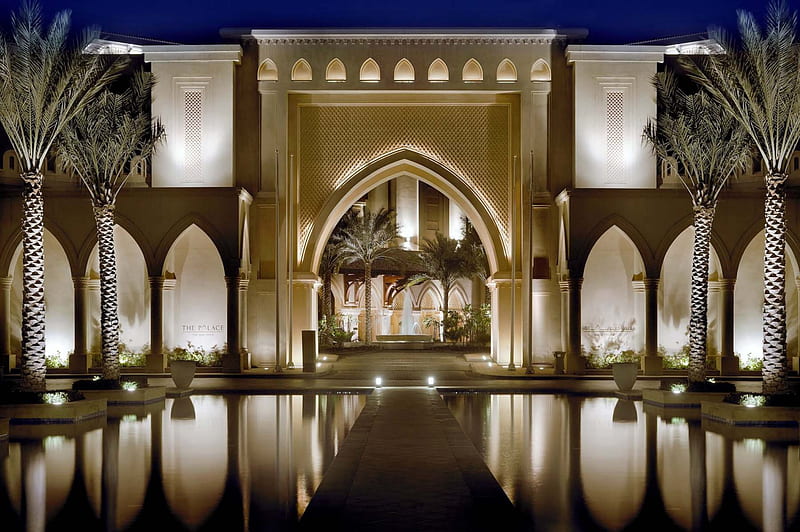 The Palace, resort, hotel, fountain, water, Dubai, Palace, palms, HD wallpaper