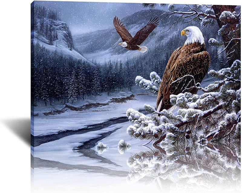 American Series Bald Eagle Winter Art Print Gift For Men, Patriot, Military Veteran Unique Home Decor For Living Room, Man Cave (inch Wooden Framed): Posters & Prints, HD wallpaper
