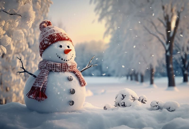 Snowman, termeszet, havas, ho, hoember, szabadban, evad, havas fak, teli, havazas, sapka, sal, HD wallpaper