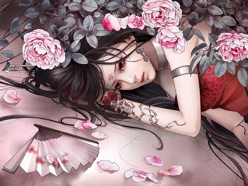 Pink Rose of tattoos, red, dress, floor, girl, tattoo, fan, pink, laying, HD wallpaper