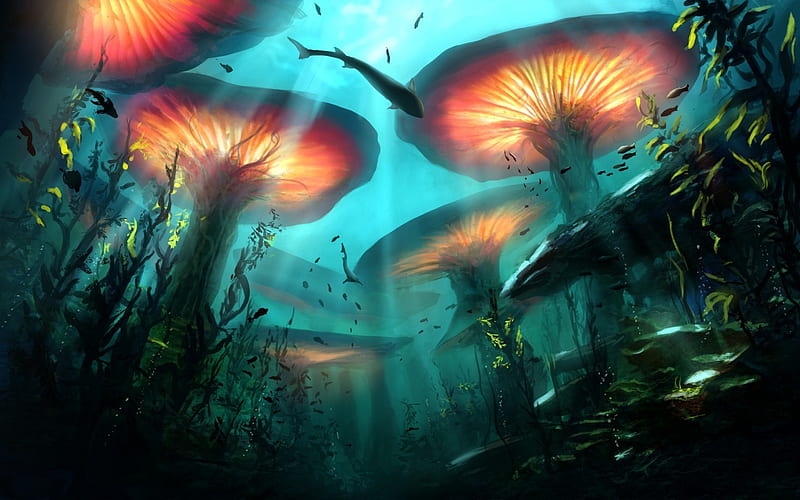 Underwater gigantic mushrooms, luminos, fish, orange, mushroom, water, fantasy, vara, summer, blue, HD wallpaper