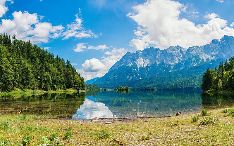 lake, forest, mountain lake, blue sky, mountains, mountain landscape, HD wallpaper