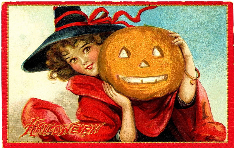 Vintage Halloween, witch, pumpkin, painting, artwork, hat, HD wallpaper ...