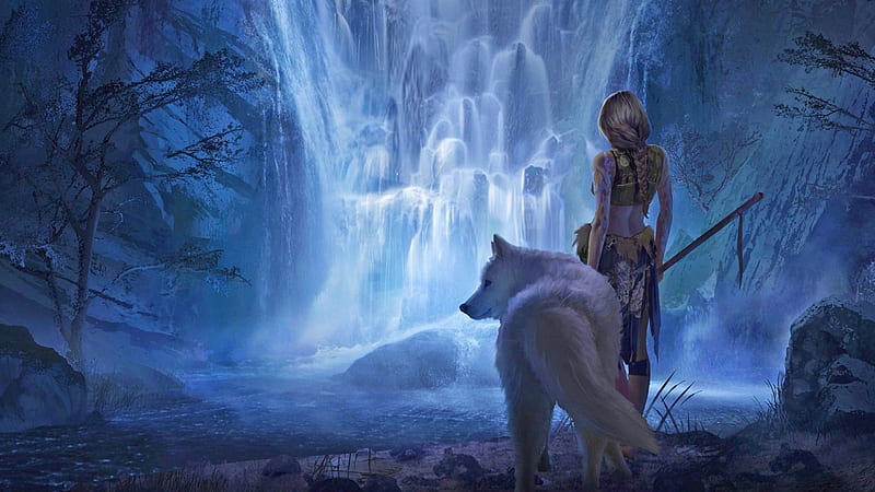 Winter Falls, fantasy, warrior, tattoo, waterfall, magic, wolf, women, HD wallpaper