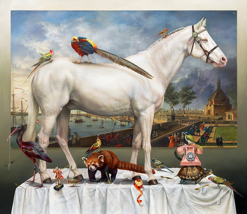 :), pictura, cal, animal, horse, white, art, bird, phone, surrealism, painting, red, panda, HD wallpaper
