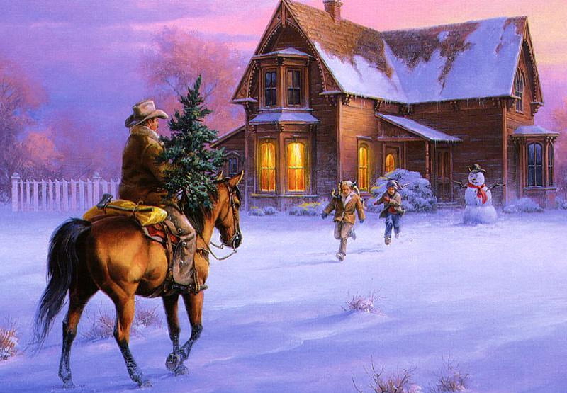 The Arrival, house, christmas, children, trees, horse, snowman, winter, tree, snow, cowboy, HD wallpaper