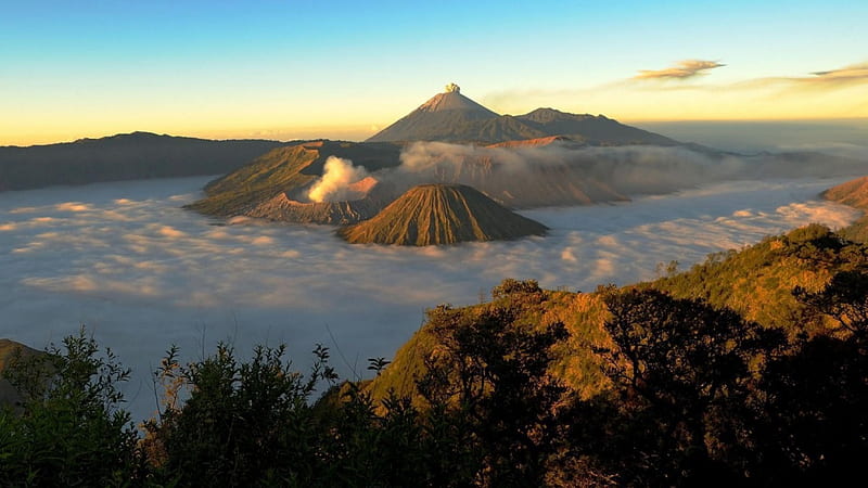 volcanos, mountains, eruption, sunset, sky, fog, mist, HD wallpaper