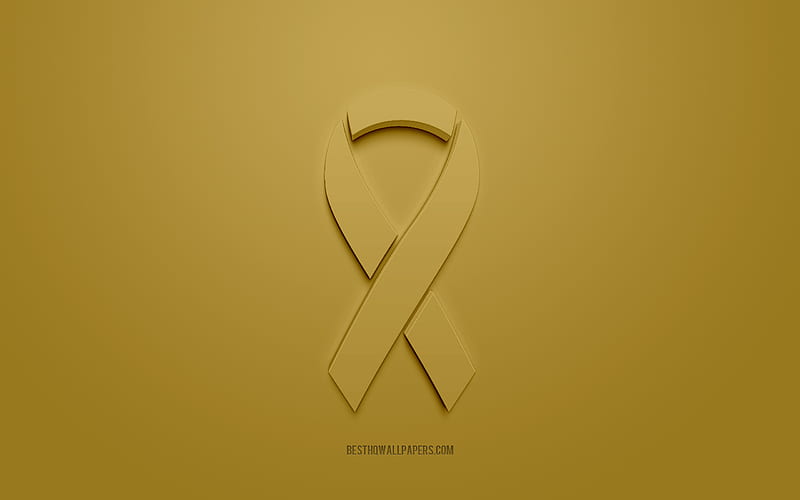 Childhood Cancer ribbon, creative 3D logo, gold 3d ribbon, Childhood Cancer Awareness ribbon, Childhood Cancer, gold background, Cancer ribbons, Awareness ribbons, HD wallpaper