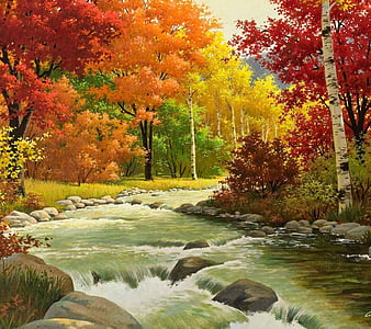 Treasures of the Great Outdoors, colors, river, cabin, trees, animals ...