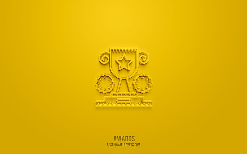 Awards 3d icon, yellow background, 3d symbols, Awards, creative 3d art, 3d icons, Awards sign, Business 3d icons, HD wallpaper
