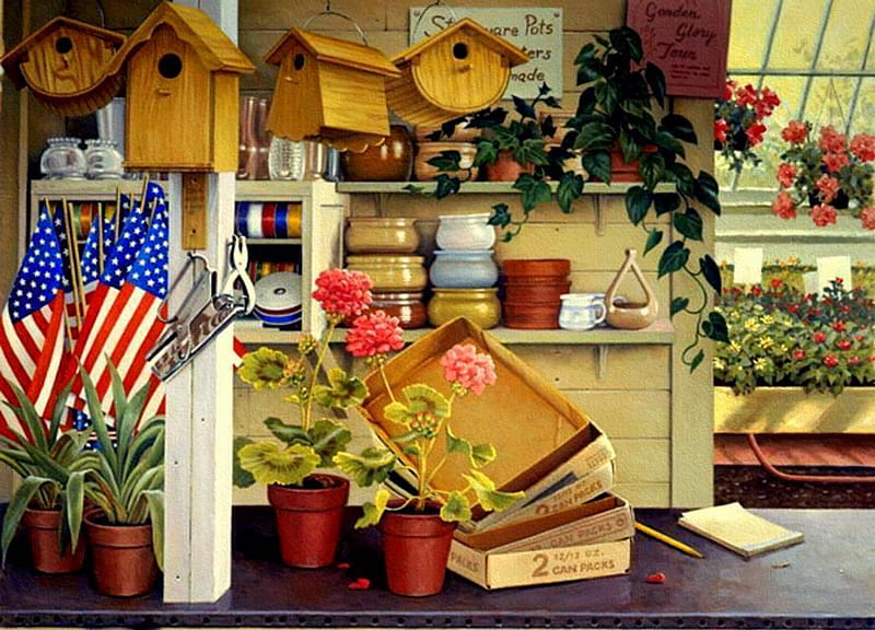 Holiday Prep, pots, flags, plants, greenhouse, flowers, shelves, american flags, birdhouses, HD wallpaper