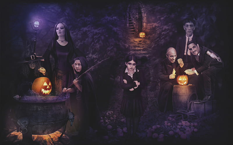 addams family halloween, family, candy, ghoul, movie, holiday, fun, creepy, tv show, pumpkin, dark, scary, funny, celebrate, HD wallpaper
