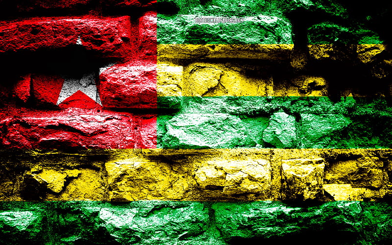 Togo flag, grunge brick texture, Flag of Togo, flag on brick wall, Togo, flags of Africa countries, HD wallpaper