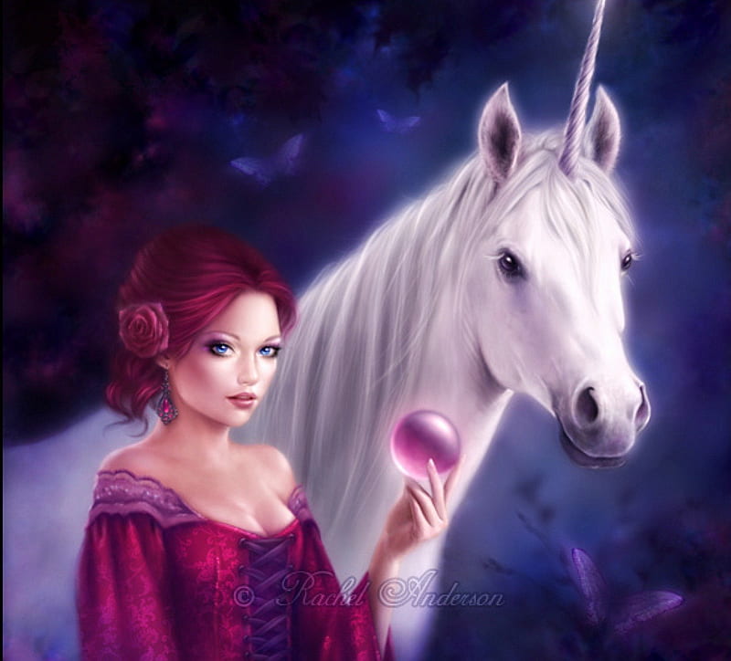 Sweet Lady with a Unicorn, pretty, dress, rose, charm, bonito, glass ball, digital art, women, sweet, hair, fantasy, paintings, girls, drawings, pink, animals, female, lovely, model, unicorn, colors, butterflies, cute, cool, weird things people wear, lady, HD wallpaper