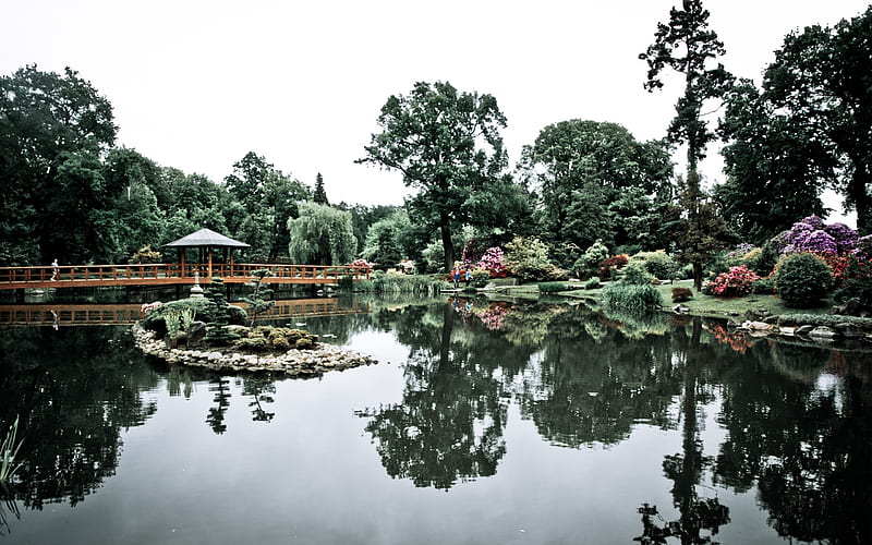 Wroclaw Japanese Garden, architecture, japanese, botanical, garden, bonito, reflection, theme, lake, HD wallpaper