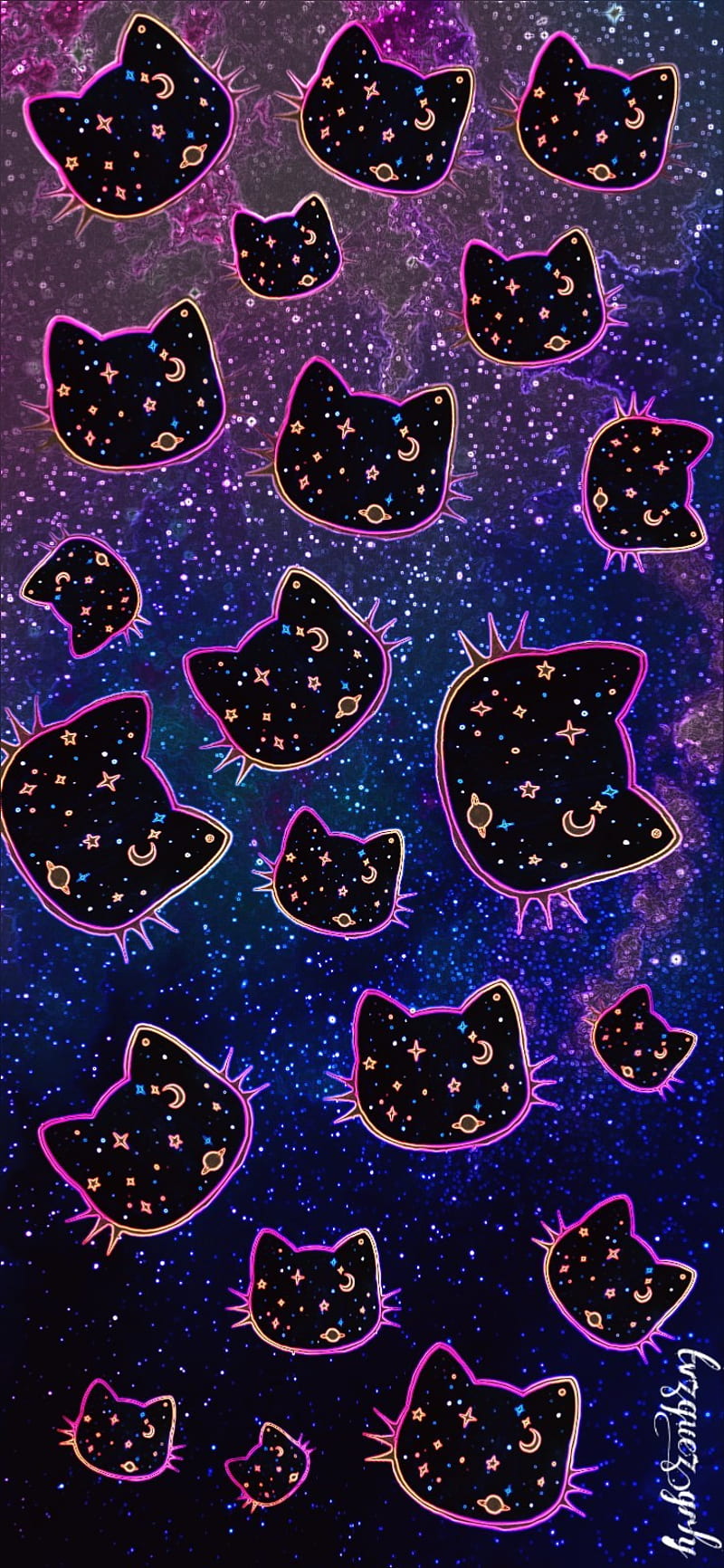 Cat Space Lockscreen, cat, lockscreen, neon, pattern, phone, purple, space, HD phone wallpaper