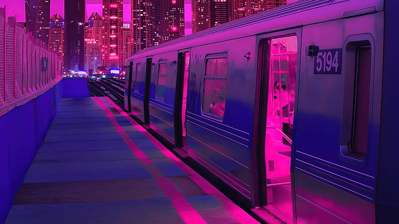 Train Neon Synthwave Buildings , synthwave, retrowave, train, artist, artwork, digital-art, HD wallpaper