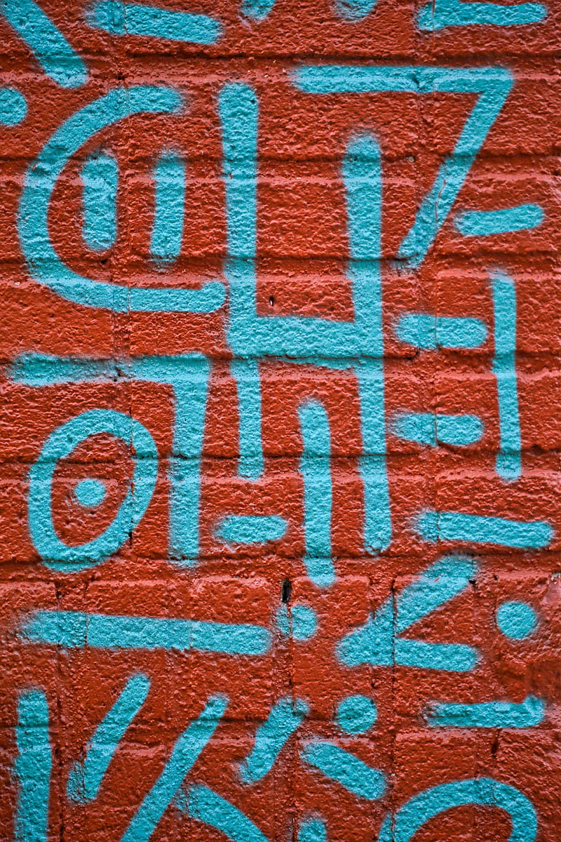 wall, bricks, graffiti, texture, red, blue, HD phone wallpaper