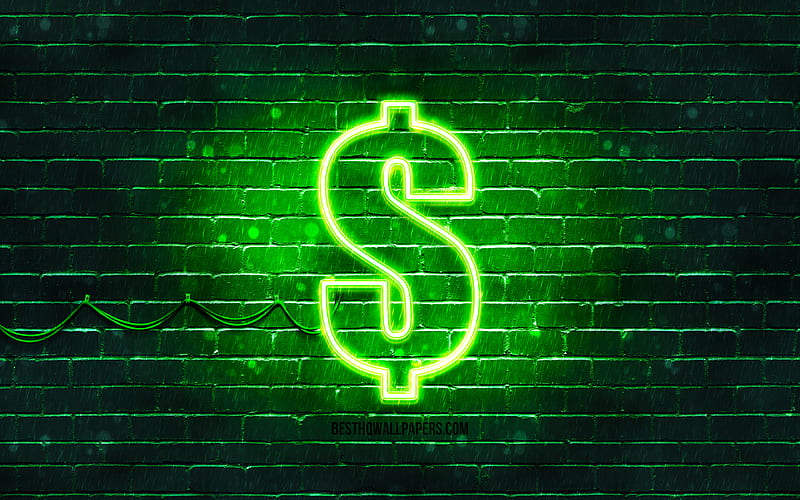 Dollar green sign green brickwall, Dollar sign, currency signs, Dollar neon sign, Dollar, HD wallpaper