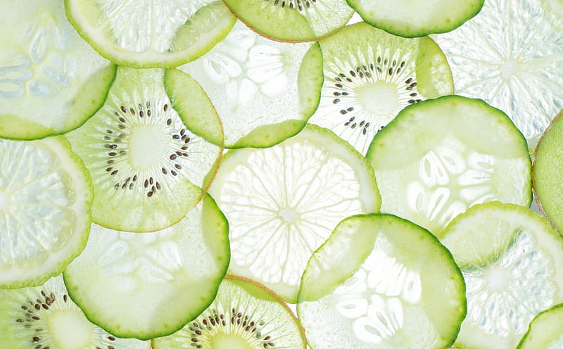 Green Slices Ultra, Food and Drink, Green, Fruits, Kiwi, Lemon, cucumber, Slices, HD wallpaper