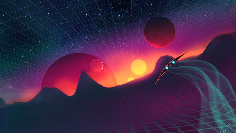 synthwave landscape, planets, retrowave, spaceship, stars, Space, HD wallpaper