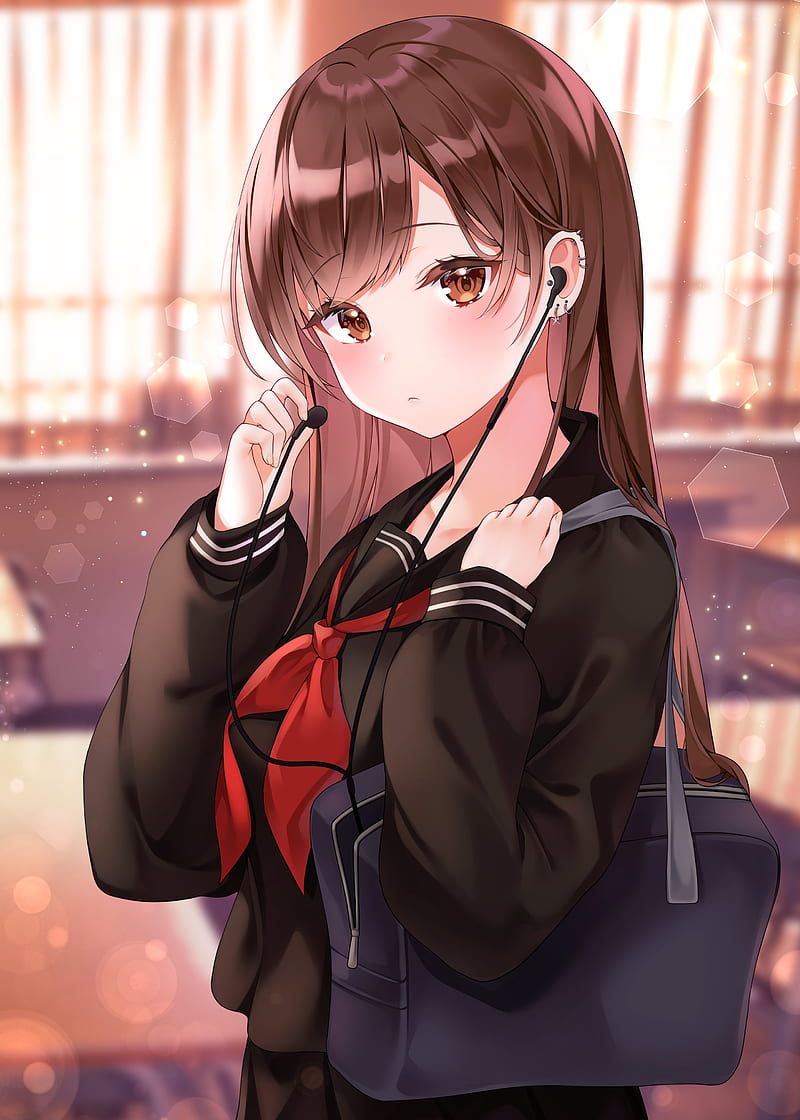 Brown hair, anime school girl, earphones, school uniform, Anime, HD phone  wallpaper