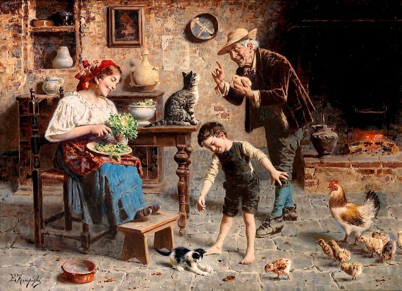 Playtime, copil, children, eugenio zampighi, painting, woman, mother, grandfather, art, people, pictura, HD wallpaper