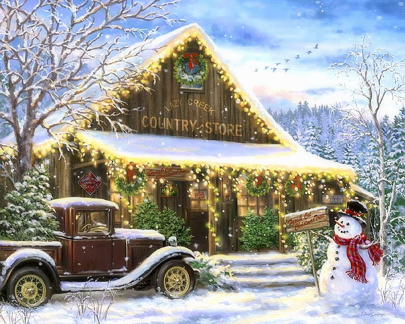 Snowy Country Store, Christmas, holidays, love four seasons, snowman, stores, xmas and new year, winter, paintings, snow, winter holidays, vintage car, HD wallpaper