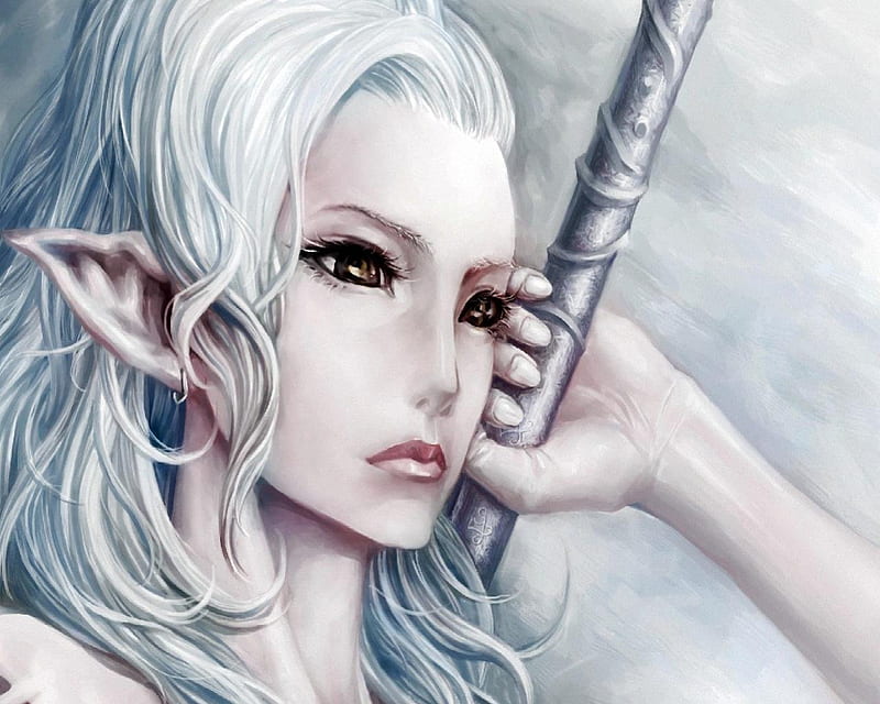 A Warrior's Face, Pale Skin, Sword, Elf, Female, Earing, Dark Eyes, White Hair, HD wallpaper