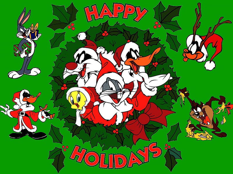 Merry Christmas from Looney Tunes, cartoons, warner brothers, christmas, bugs bunny, looney tunes, daffy duck, cartoon, animacion, HD wallpaper