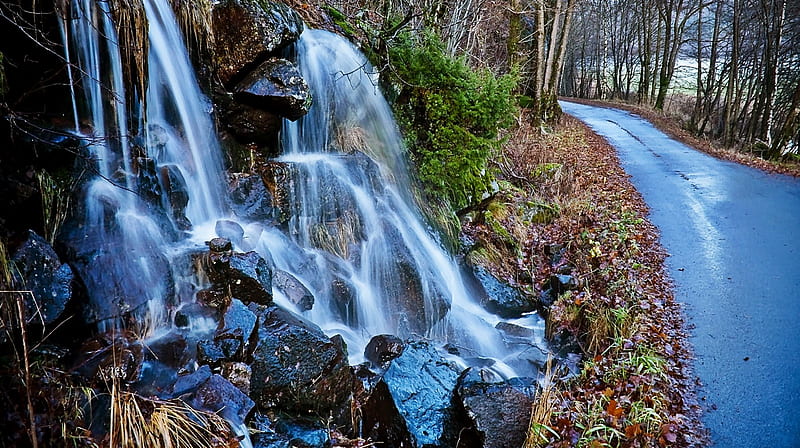 Waterfall, rocks, water, white, blue, roadside, HD wallpaper