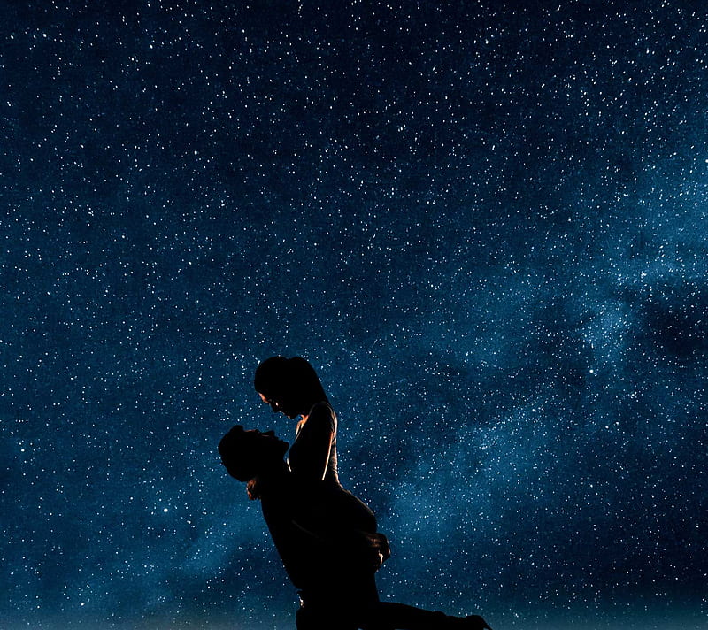 Together4Ever, black, love, male and female, night, sky, stars, together, HD wallpaper