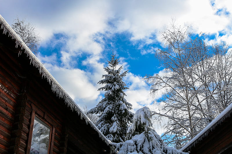 brown wooden house on snow covered ground under blue and white cloudy sky during daytime, HD wallpaper