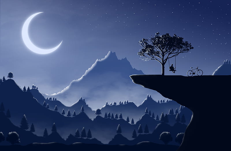 Mountain 2D, 2d landscape, black, blue, foggy, mountains, purple, trees, violet, HD wallpaper
