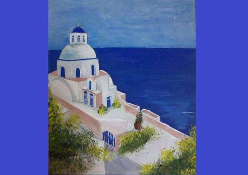 acrylic painting by saad kilo 1999, beach, village, nature, church, sea, HD wallpaper