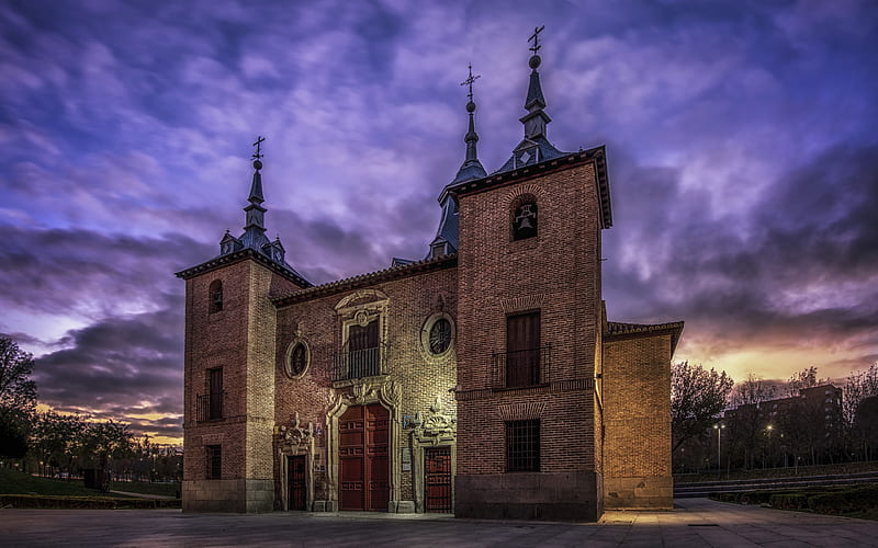 Madrid, evening, cityscape, church, Madrid landmark, Ermita de la Virgen del Puerto, HD wallpaper