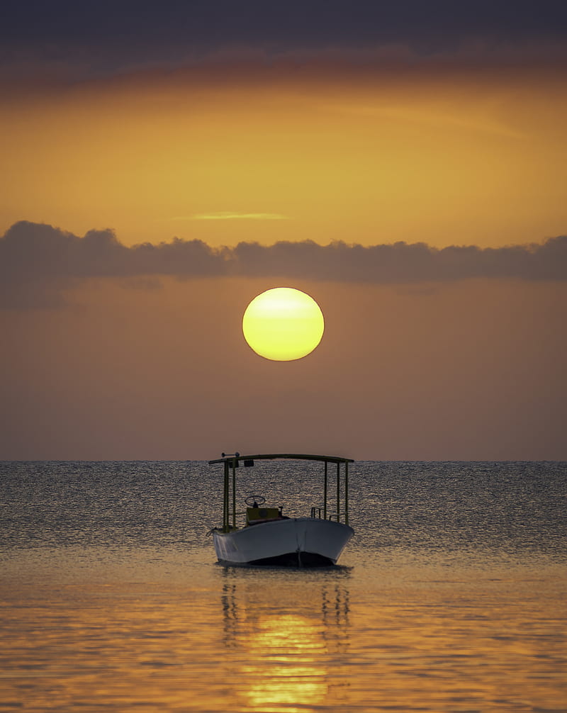 boat, sun, sunset, horizon, HD phone wallpaper