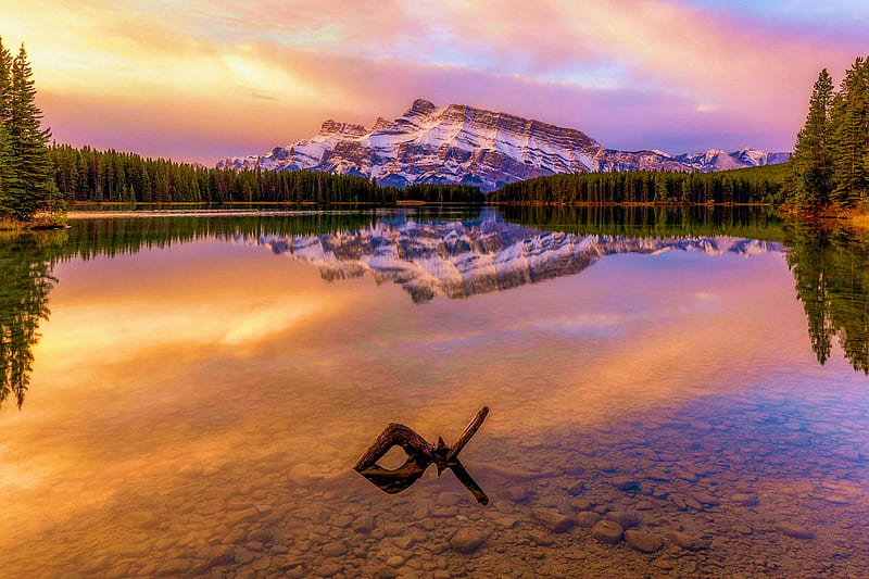 Two Jack Lake, Banff NP, alberta, mountains, colors, sunset, clouds, sky, canada, HD wallpaper