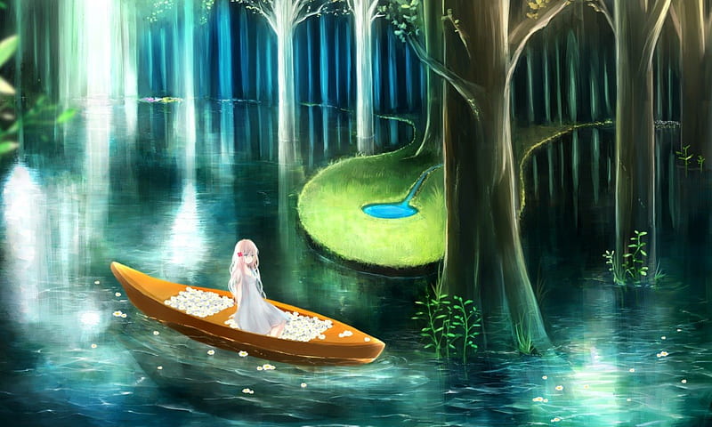 Just Around the Riverbend, pretty, glow, plant, bonito, magic, sweet, nice, boat, anime, jungle, beauty, river, anime girl, scenery, light, forest, female, lovely, tree, water, girl, scene, HD wallpaper