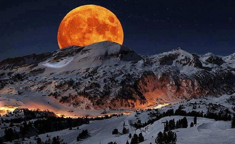 Mountain Moonrise, moonrise, snow, mountains, night, winter, HD wallpaper