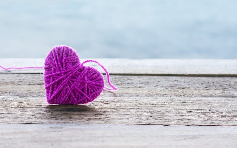 purple knitted heart, heart of thread, purple heart, romantic background, love background, creative love background, HD wallpaper