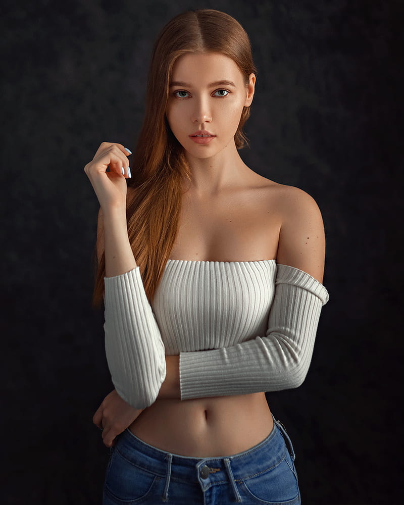 Evgeny Sibiraev, women, brunette, long hair, straight hair, blue eyes, looking at viewer, open mouth, painted nails, bare shoulders, white clothing, jeans, denim, frontal view, HD phone wallpaper