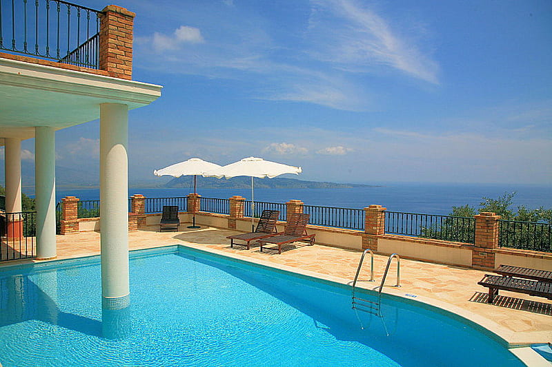 Corfu villas, umbrellas, balcony, bonito, sky, pool, pillars, overlooking, water, chairs, relaxing, blue, tiles, HD wallpaper