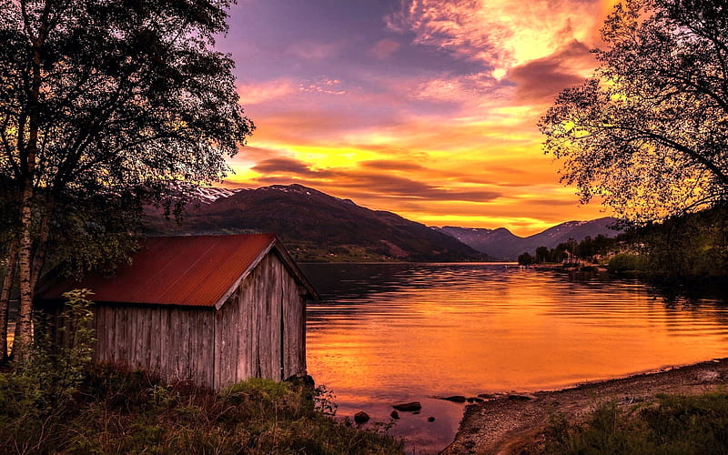 Lakeside Sunset, clouds, sky, hills, colors, shed, trees, wooden, HD wallpaper