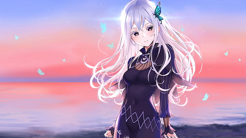 Anime, Re:ZERO -Starting Life in Another World-, Butterfly, Echidna (Re:ZERO), Girl, Long Hair, Sunset, White Hair, HD wallpaper