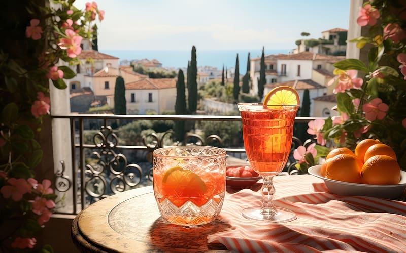 Cocktail in Italy, Italy, balcony, coctail, table, oranges, landscape, HD wallpaper